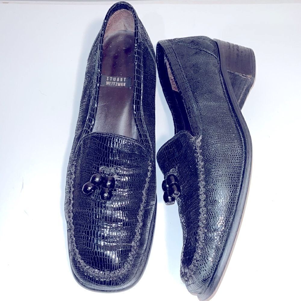 Vintage Stuart Weitzman black leather patterned square toe shoes